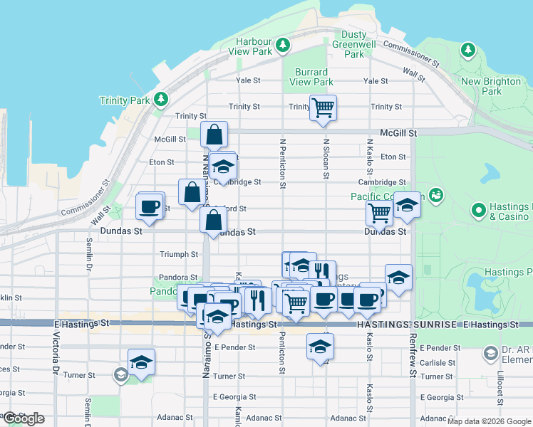 map of restaurants, bars, coffee shops, grocery stores, and more near 2576 Oxford Street in Vancouver