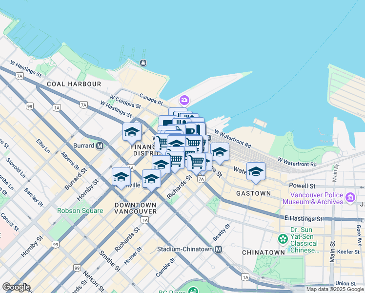 map of restaurants, bars, coffee shops, grocery stores, and more near 320 Granville Street in Vancouver