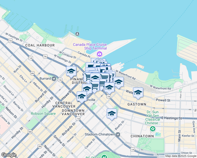 map of restaurants, bars, coffee shops, grocery stores, and more near 320 Granville Street in Vancouver
