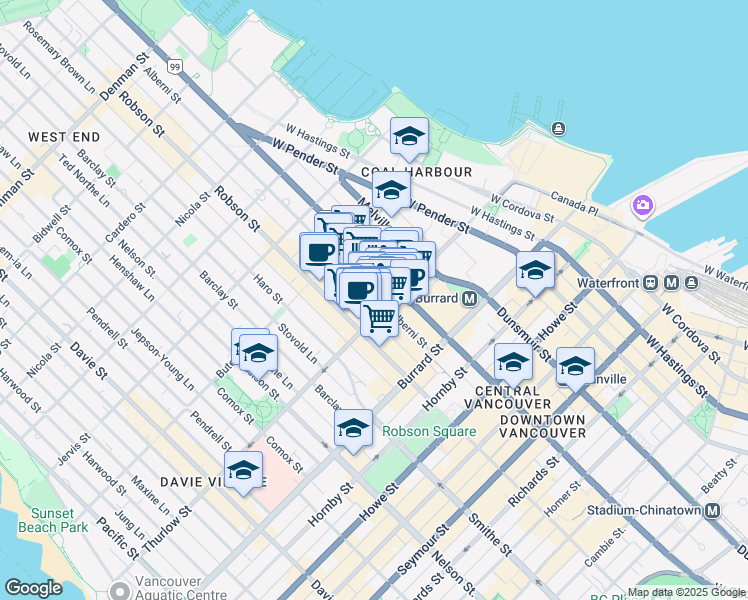 map of restaurants, bars, coffee shops, grocery stores, and more near 1128 Alberni Street in Vancouver