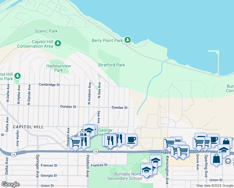 map of restaurants, bars, coffee shops, grocery stores, and more near 121 North Stratford Avenue in Burnaby
