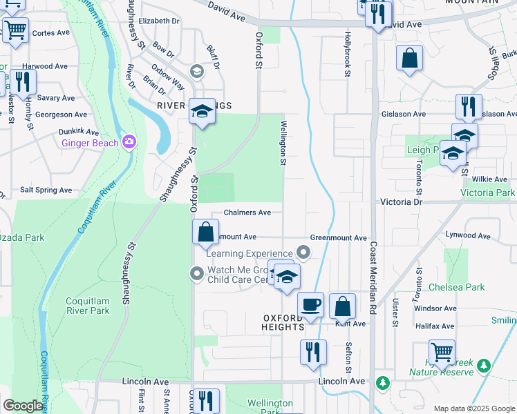 map of restaurants, bars, coffee shops, grocery stores, and more near 1743 Chalmers Avenue in Port Coquitlam