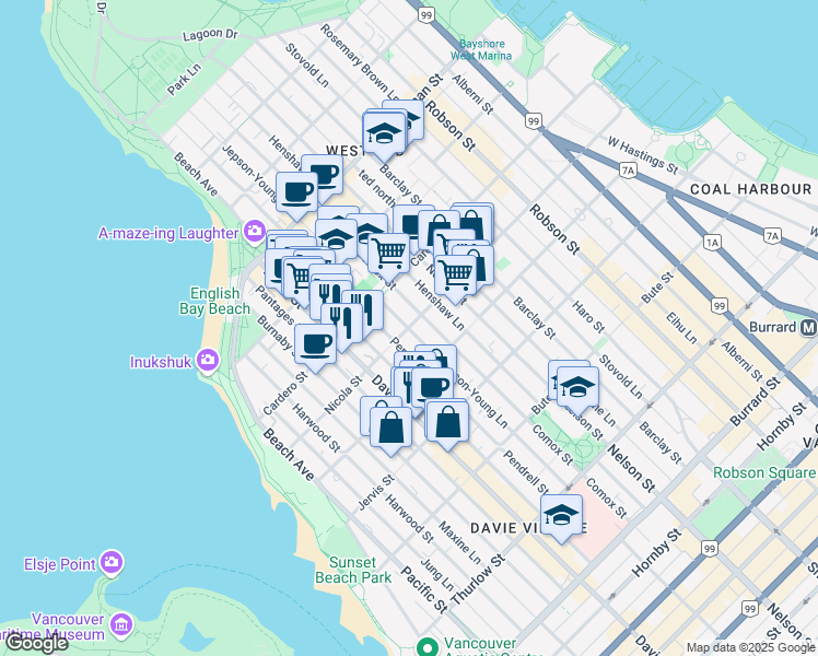 map of restaurants, bars, coffee shops, grocery stores, and more near 1102 Nicola Street in Vancouver