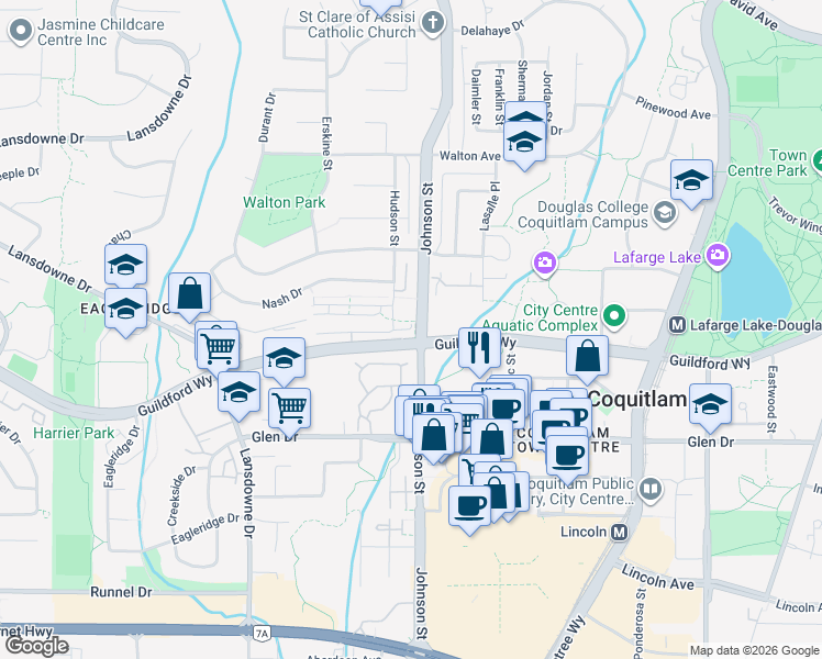 map of restaurants, bars, coffee shops, grocery stores, and more near 1216 Johnson Street in Coquitlam
