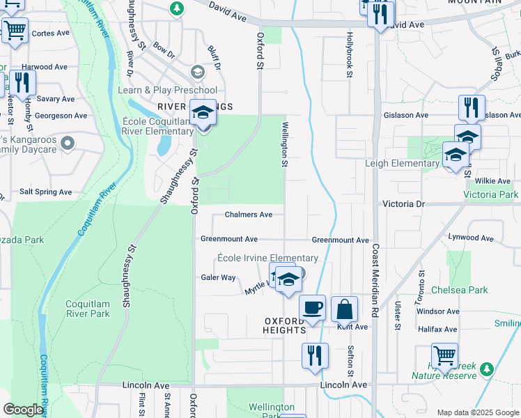 map of restaurants, bars, coffee shops, grocery stores, and more near 1743 Chalmers Avenue in Port Coquitlam