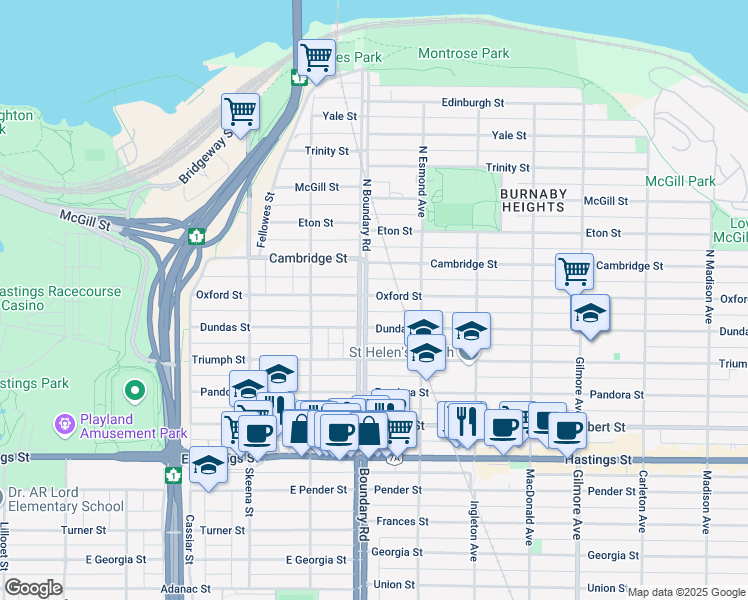 map of restaurants, bars, coffee shops, grocery stores, and more near 3700 Oxford Street in Burnaby