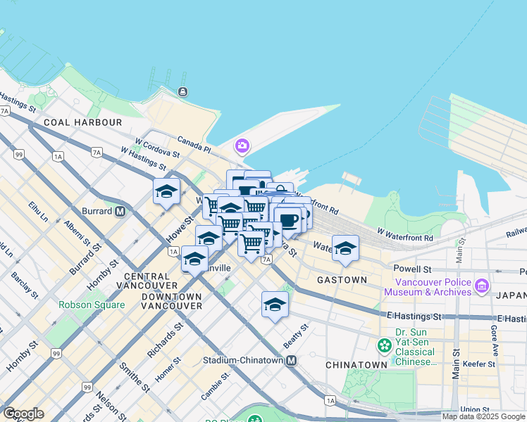 map of restaurants, bars, coffee shops, grocery stores, and more near 601 West Cordova Street in Vancouver