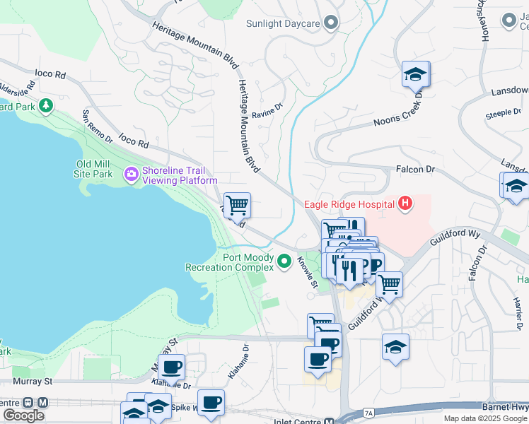 map of restaurants, bars, coffee shops, grocery stores, and more near 321 Avalon Drive in Port Moody