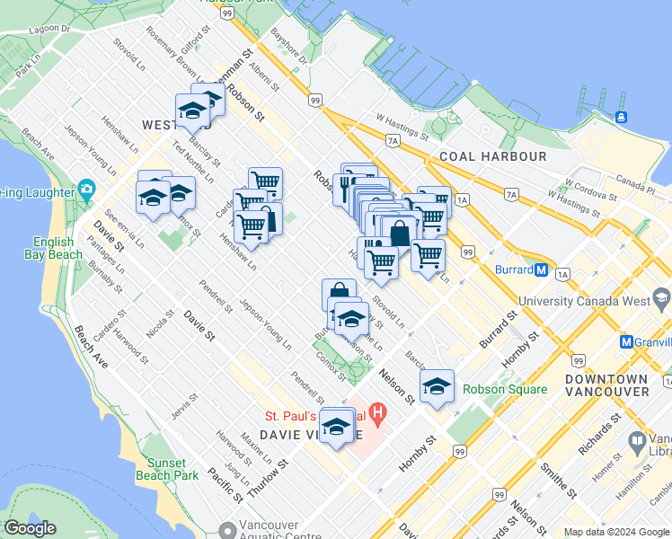 map of restaurants, bars, coffee shops, grocery stores, and more near 1265 Barclay Street in Vancouver