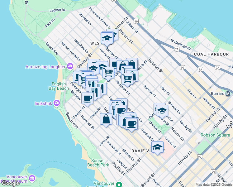 map of restaurants, bars, coffee shops, grocery stores, and more near 1086 Nicola Street in Vancouver