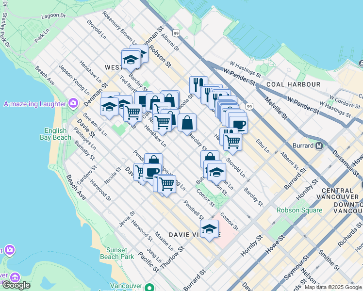 map of restaurants, bars, coffee shops, grocery stores, and more near 1345 Nelson Street in Vancouver