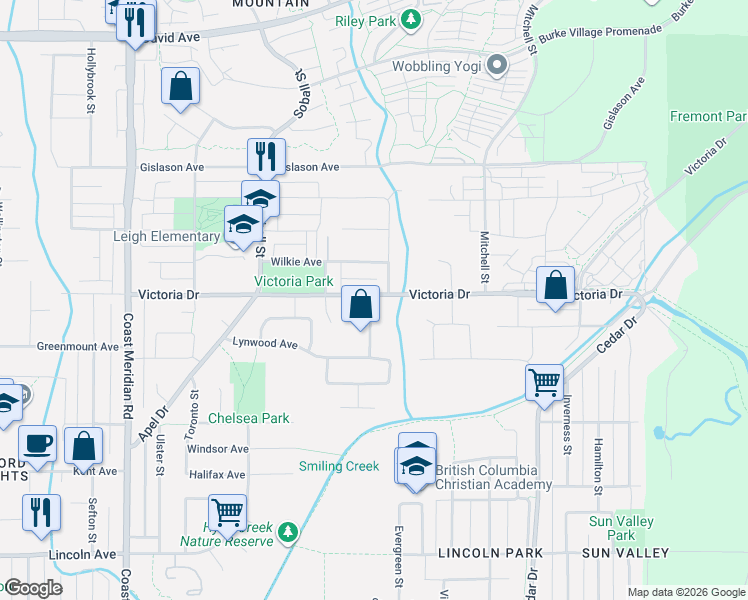 map of restaurants, bars, coffee shops, grocery stores, and more near 1120 Victoria Drive in Port Coquitlam