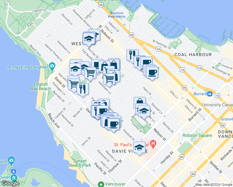 map of restaurants, bars, coffee shops, grocery stores, and more near 1004 Broughton Street in Vancouver
