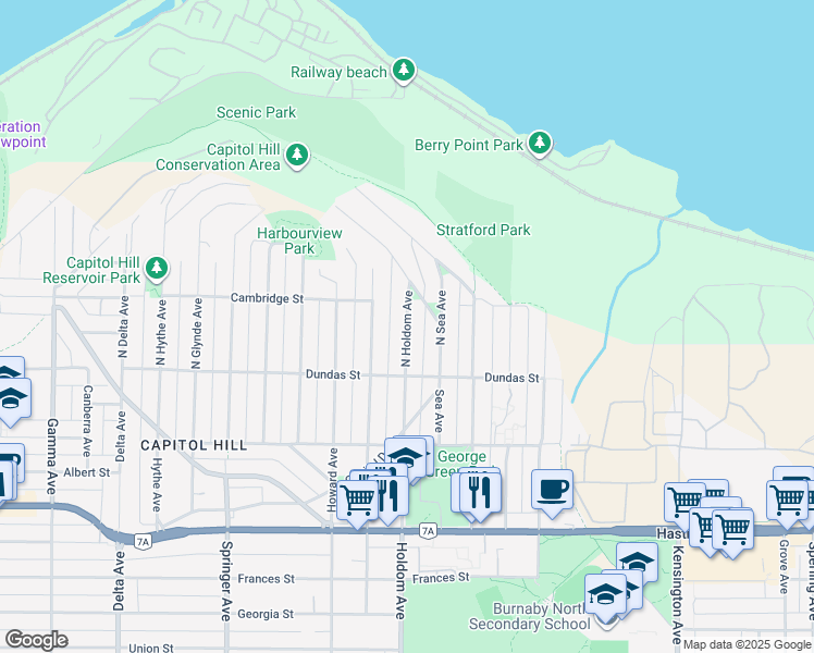 map of restaurants, bars, coffee shops, grocery stores, and more near North Holdom Avenue in Burnaby