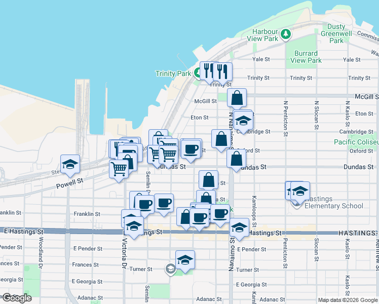 map of restaurants, bars, coffee shops, grocery stores, and more near in Vancouver