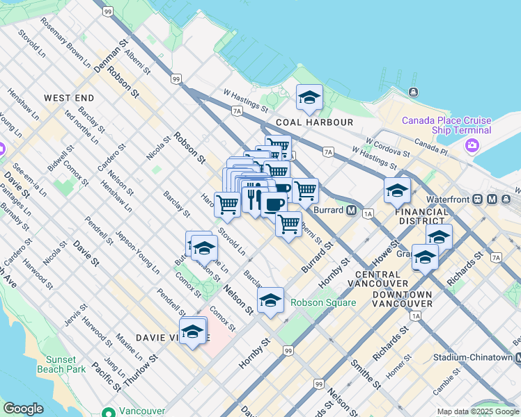 map of restaurants, bars, coffee shops, grocery stores, and more near 1131 Robson Street in Vancouver