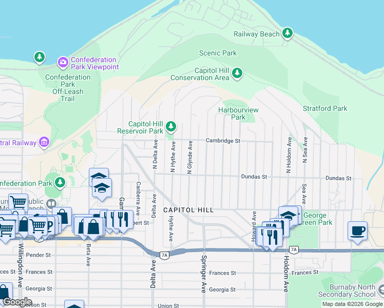 map of restaurants, bars, coffee shops, grocery stores, and more near 118 North Glynde Avenue in Burnaby
