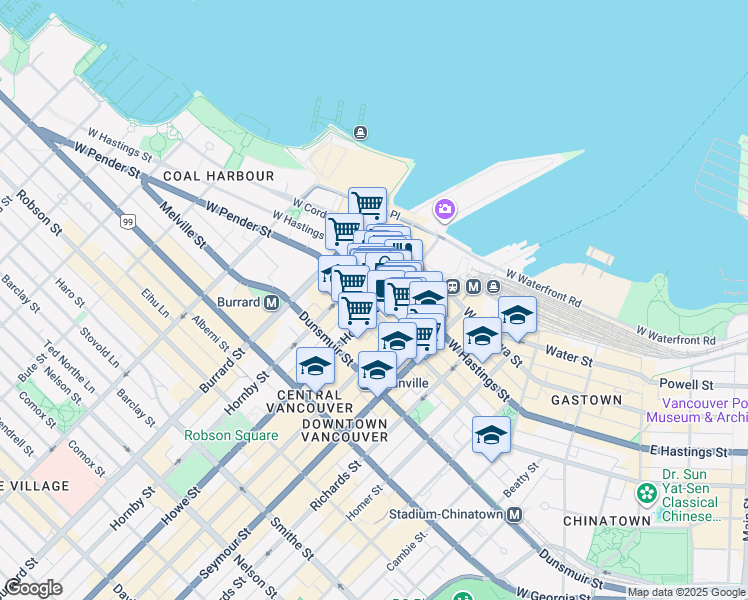map of restaurants, bars, coffee shops, grocery stores, and more near 475 Howe Street in Vancouver