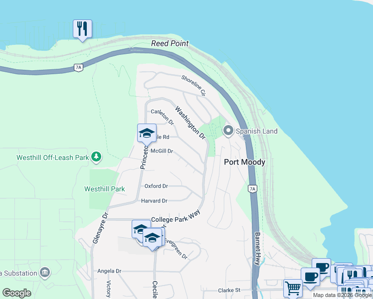 map of restaurants, bars, coffee shops, grocery stores, and more near 550 Yale Road in Port Moody