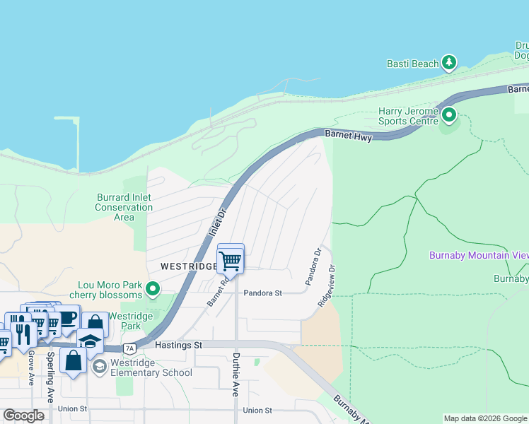 map of restaurants, bars, coffee shops, grocery stores, and more near 7266 Barnet Road in Burnaby