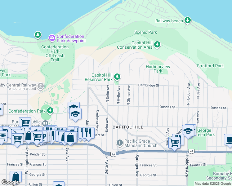 map of restaurants, bars, coffee shops, grocery stores, and more near 107 North Hythe Avenue in Burnaby