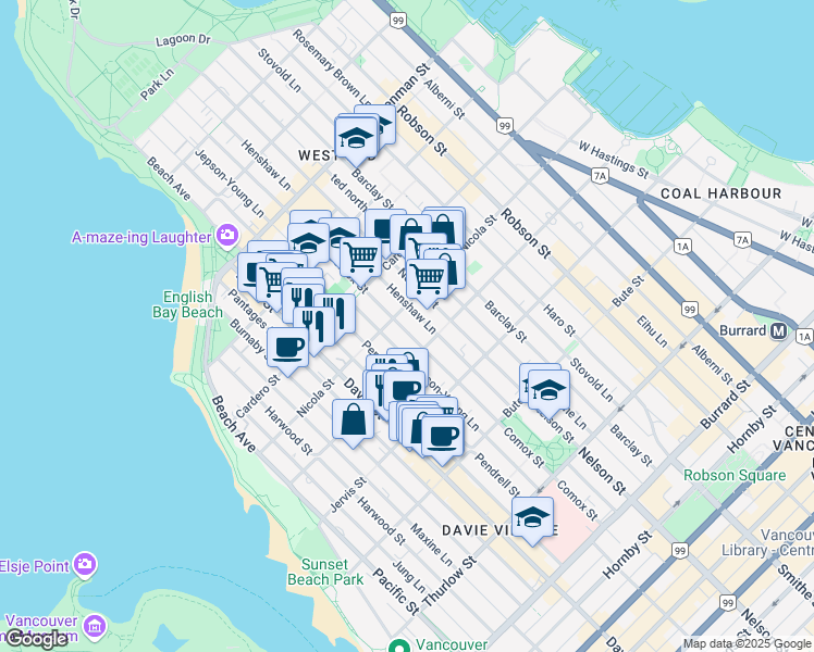 map of restaurants, bars, coffee shops, grocery stores, and more near 1465 Comox Street in Vancouver
