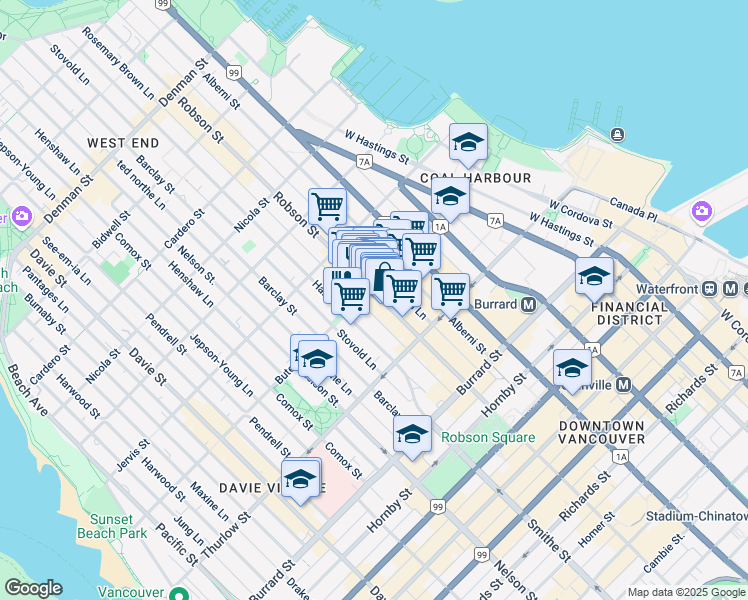 map of restaurants, bars, coffee shops, grocery stores, and more near 1176 Robson Street in Vancouver