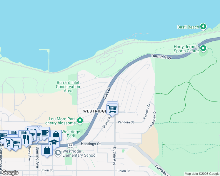 map of restaurants, bars, coffee shops, grocery stores, and more near 7264 British Columbia 7A in Burnaby