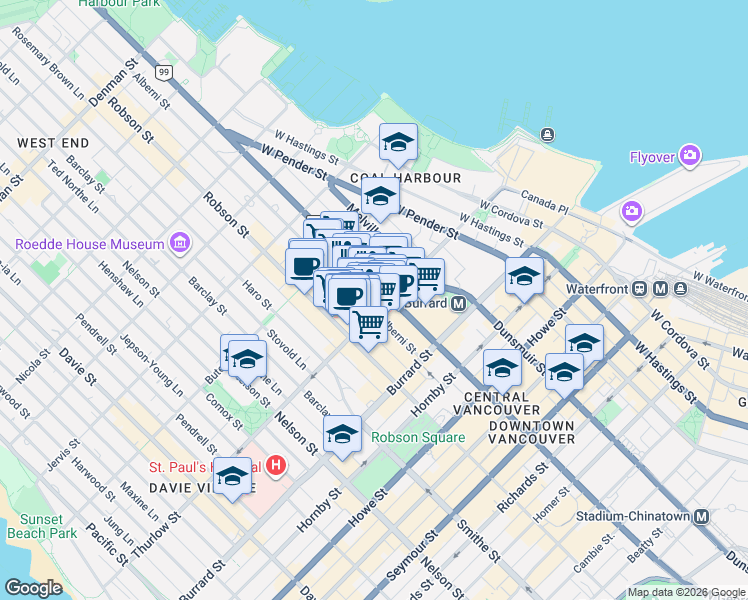 map of restaurants, bars, coffee shops, grocery stores, and more near 1111 Alberni Street in Vancouver