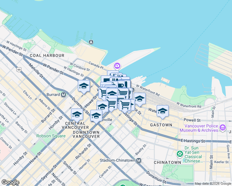 map of restaurants, bars, coffee shops, grocery stores, and more near 320 Granville Street in Vancouver