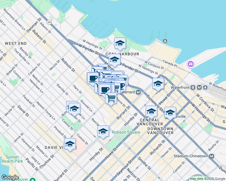 map of restaurants, bars, coffee shops, grocery stores, and more near in Vancouver