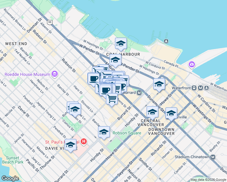 map of restaurants, bars, coffee shops, grocery stores, and more near 1111 Alberni Street in Vancouver