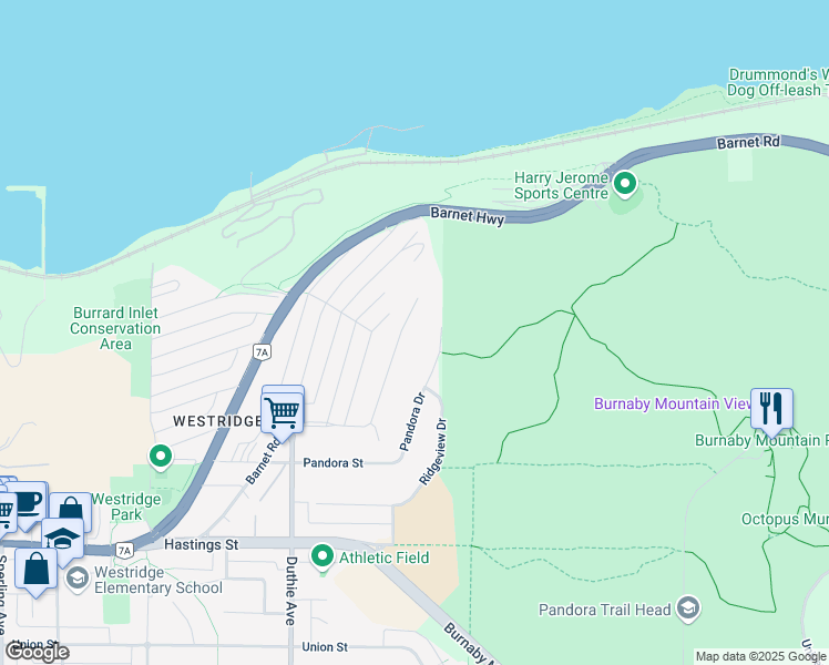 map of restaurants, bars, coffee shops, grocery stores, and more near 7326 Ridge Drive in Burnaby