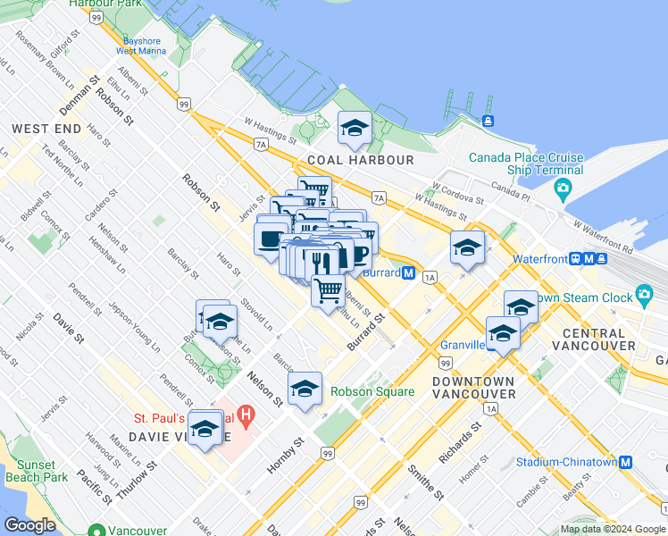map of restaurants, bars, coffee shops, grocery stores, and more near 1128 West Georgia Street in West