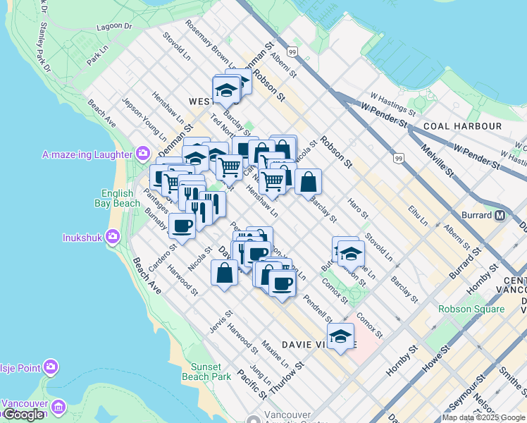 map of restaurants, bars, coffee shops, grocery stores, and more near in Vancouver