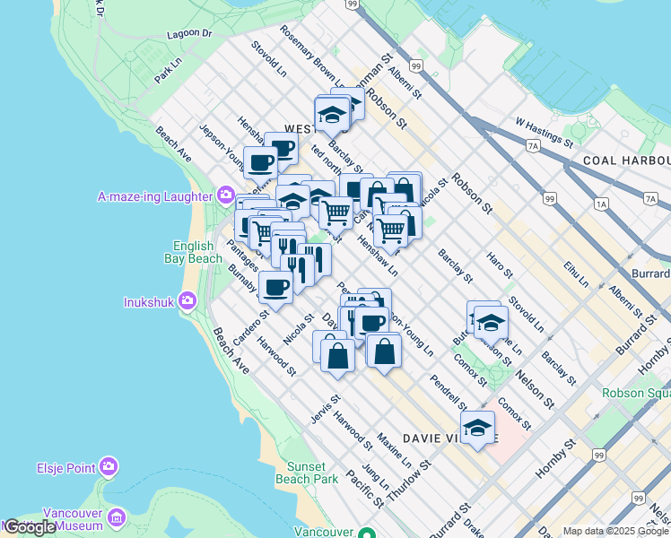map of restaurants, bars, coffee shops, grocery stores, and more near in Vancouver