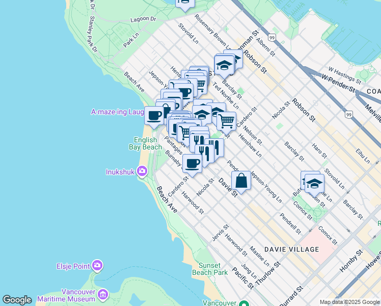 map of restaurants, bars, coffee shops, grocery stores, and more near in Vancouver