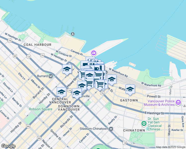 map of restaurants, bars, coffee shops, grocery stores, and more near 601 West Cordova Street in Vancouver
