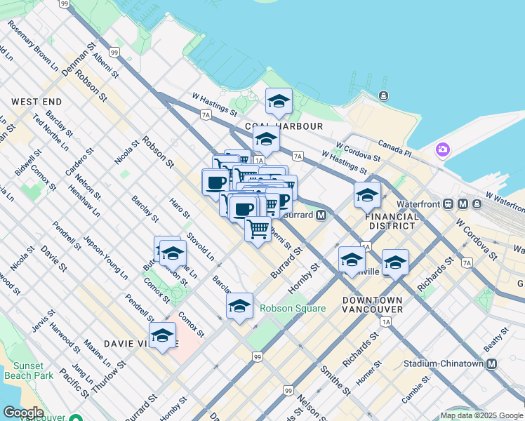 map of restaurants, bars, coffee shops, grocery stores, and more near 1128 West Georgia Street in Vancouver