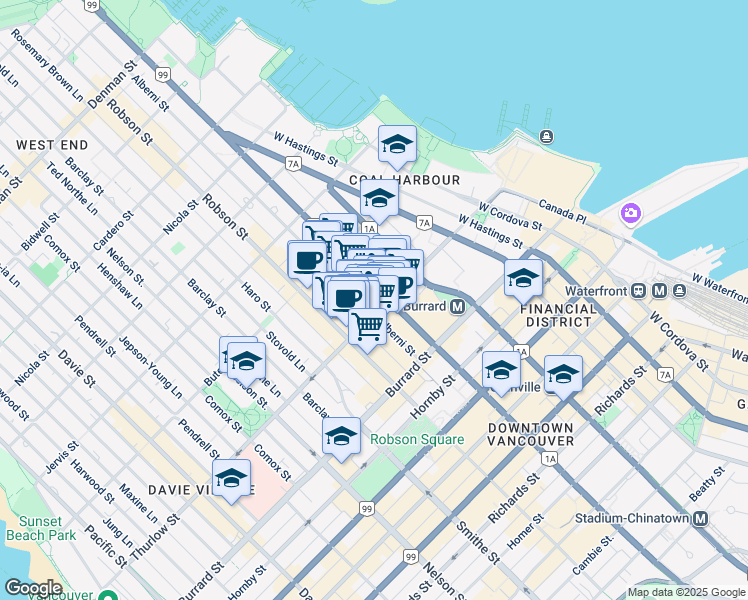 map of restaurants, bars, coffee shops, grocery stores, and more near 735 Thurlow Street in Vancouver