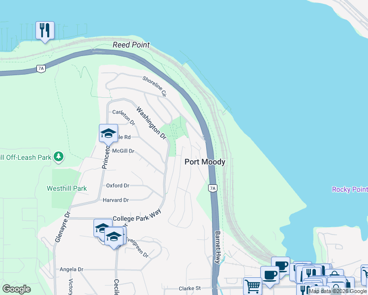 map of restaurants, bars, coffee shops, grocery stores, and more near 526 Cardiff Way in Port Moody