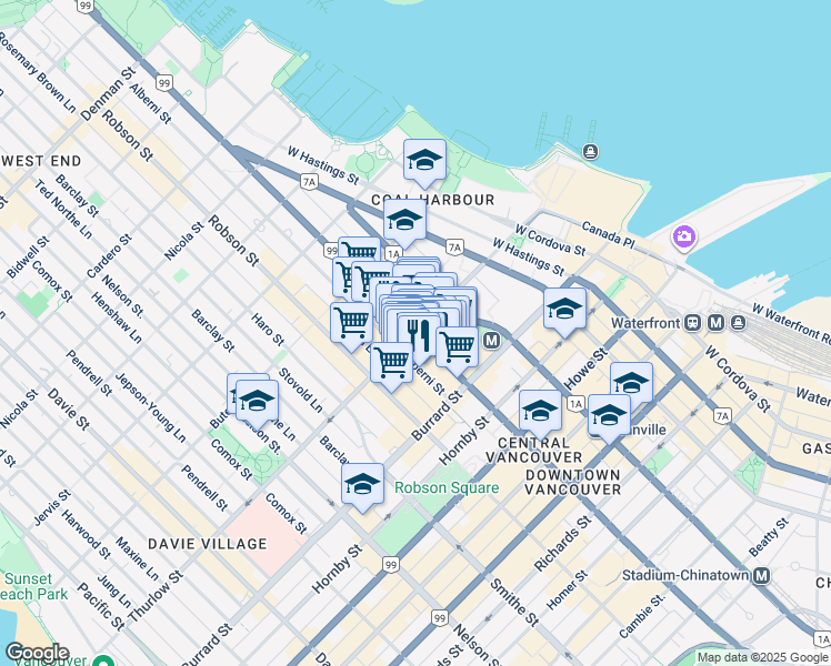 map of restaurants, bars, coffee shops, grocery stores, and more near West Georgia Street in Vancouver