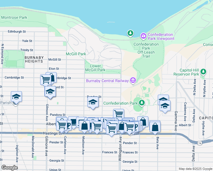 map of restaurants, bars, coffee shops, grocery stores, and more near 4413 Oxford Street in Burnaby