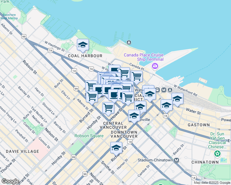 map of restaurants, bars, coffee shops, grocery stores, and more near 550 Burrard Street in Vancouver