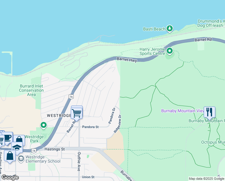map of restaurants, bars, coffee shops, grocery stores, and more near 7326 Ridge Drive in Burnaby