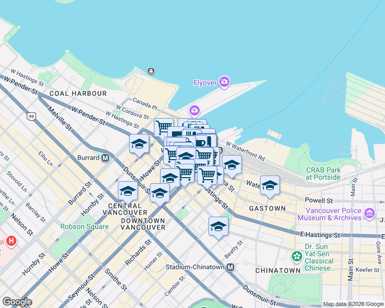 map of restaurants, bars, coffee shops, grocery stores, and more near 320 Granville Street in Vancouver
