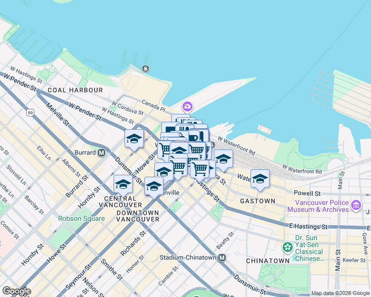 map of restaurants, bars, coffee shops, grocery stores, and more near 320 Granville Street in Vancouver