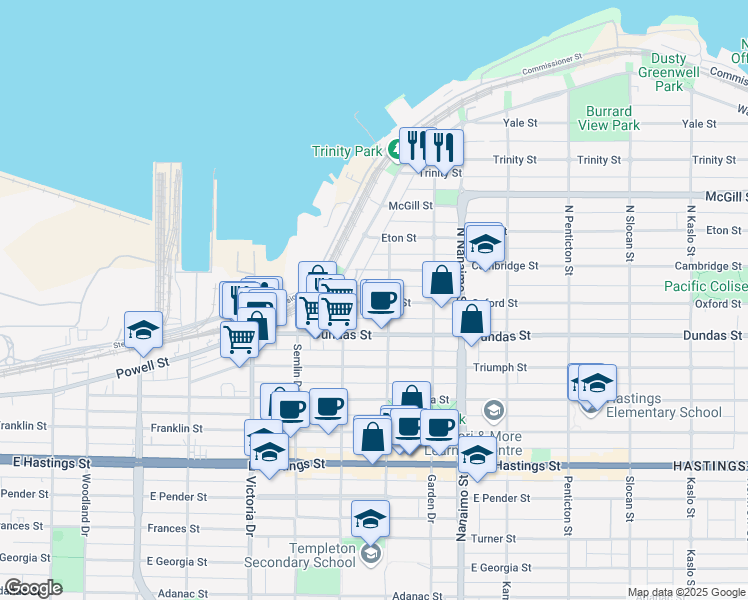 map of restaurants, bars, coffee shops, grocery stores, and more near 2175 Oxford Street in Vancouver