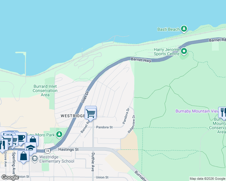 map of restaurants, bars, coffee shops, grocery stores, and more near in Burnaby