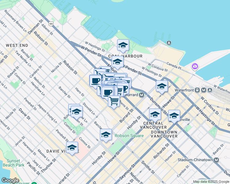 map of restaurants, bars, coffee shops, grocery stores, and more near 735 Thurlow Street in Vancouver